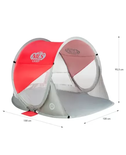 Σκηνή παραλίας Nils Camp κόκκινη/γκρι τοποθετημένη σε παραλία, ιδανική με κουβέρτα picnic.